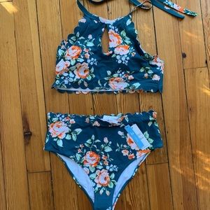 Teal Floral Scalloped Bikini